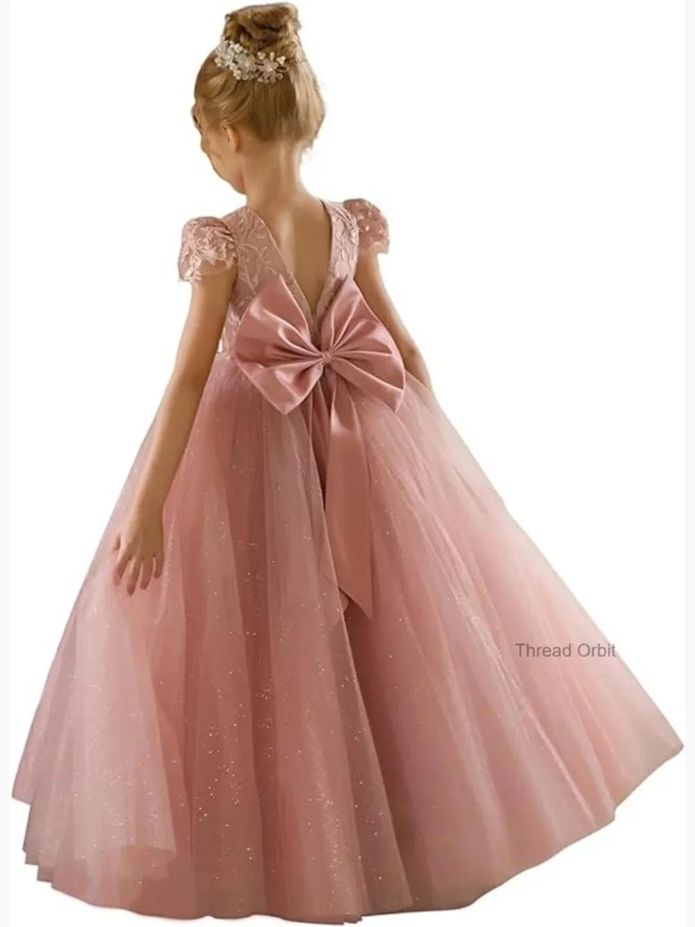 Girls Tulle Flower Girl Dress with Glitter V-Back Cap Sleeve